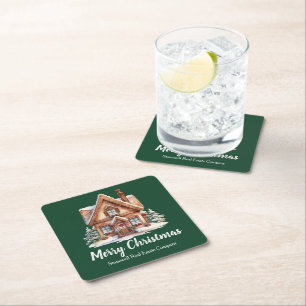 Merry Christmas Real Estate Company Green Party Square Paper Coaster