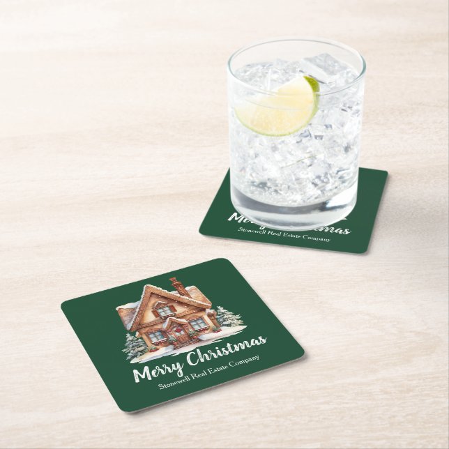 Merry Christmas Real Estate Company Green Party Square Paper Coaster (Insitu)