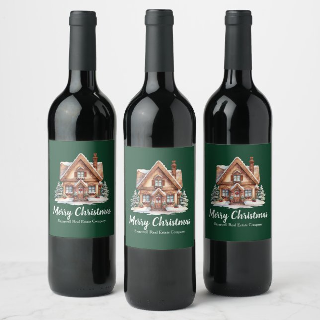 Merry Christmas Real Estate Company Green Party Wine Label (Bottles)