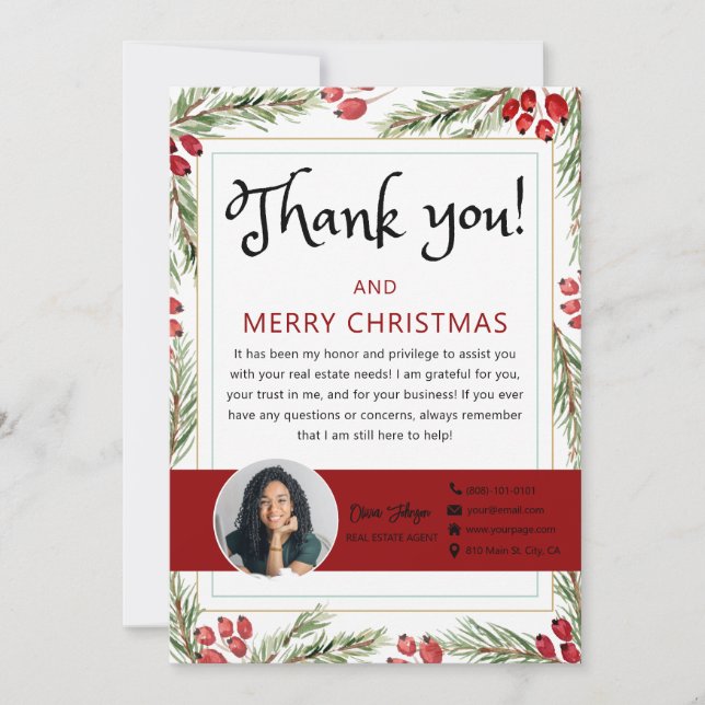 Merry Christmas Real Estate Photo Thank you Card (Front)