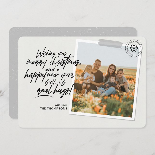 Merry Christmas Real Hugs Script Grey Photo Holiday Card (Front/Back)