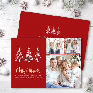 Merry Christmas Red 3 Photo Playful Trees Script Holiday Card