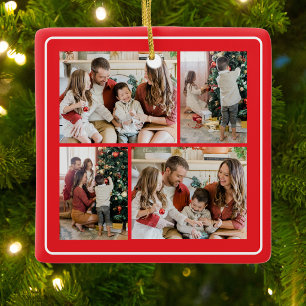 Merry Christmas Red 4 Photo Collage Ceramic Ornament