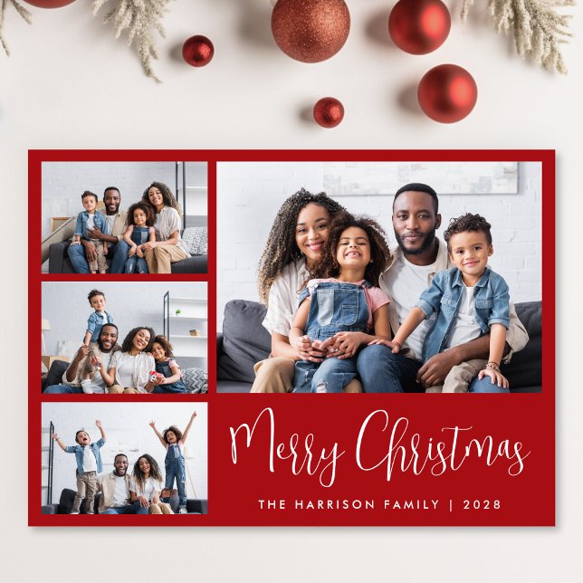 Merry Christmas Red 4 Photo Collage Holiday Card (Share the love and warmth of the season with a personalized 4 photo Christmas card)