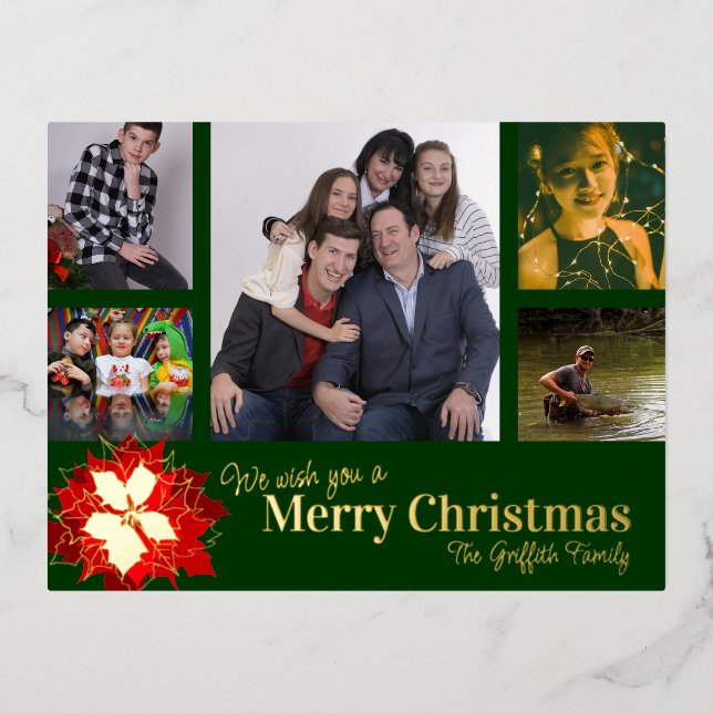 Merry Christmas red 5 photos red green poinsettia Foil Holiday Postcard (Front)