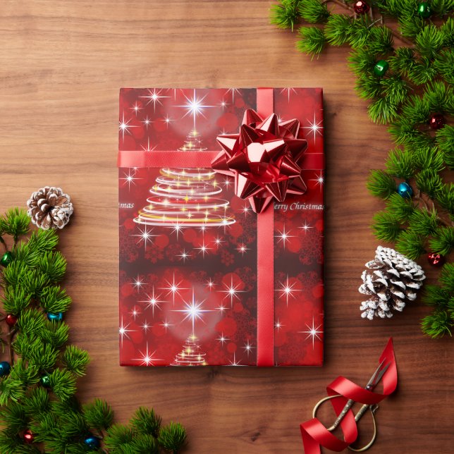 Merry Christmas Red and Gold Christmas Tree Wrapping Paper (Holiday Gift)