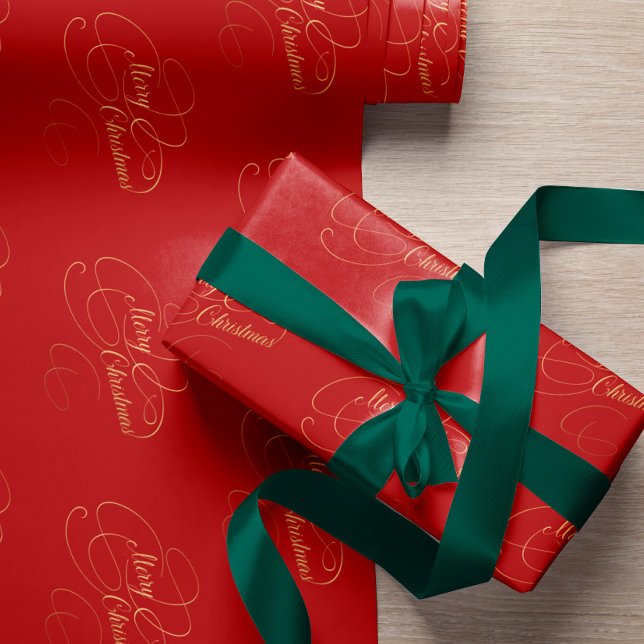 Merry Christmas red and gold elegant script Wrapping Paper (Creator Uploaded)