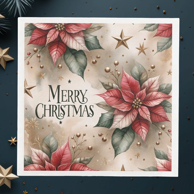 Merry Christmas, Red and Gold Poinsettia  Napkin (Creator Uploaded)