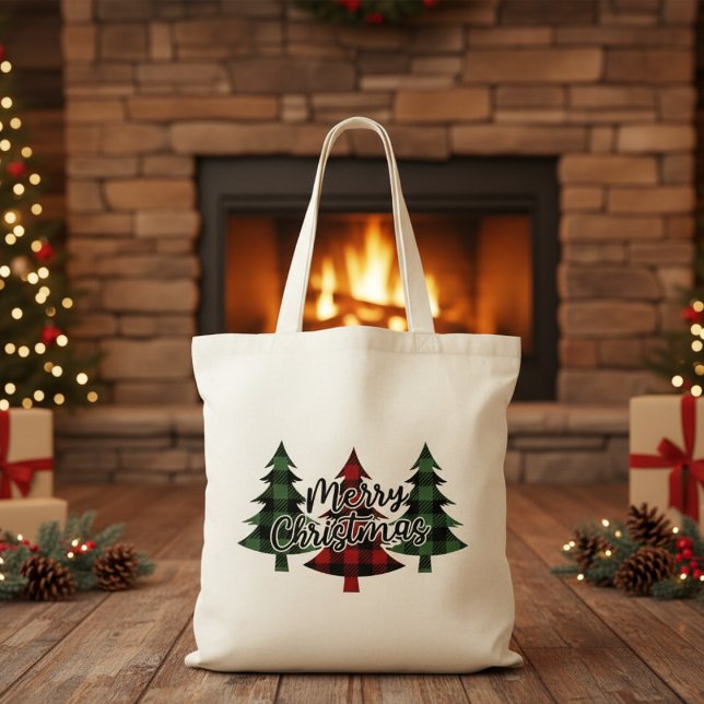 Merry Christmas Red and Green Buffalo Plaid Trees Tote Bag (Merry Christmas Red and Green Buffalo Plaid Trees Tote Bag)