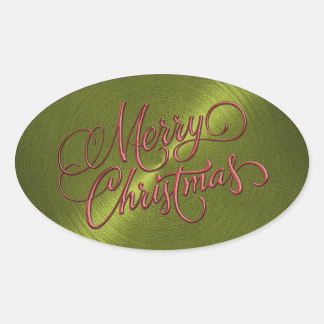 Merry Christmas Red and Green Embossed Look Oval Sticker (Front)