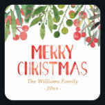 Merry Christmas Red And Green Family Square Sticker<br><div class="desc">Merry Christmas berries personalised family stickers.</div>