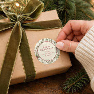 Merry Christmas Red and Green Foliage Classic Round Sticker