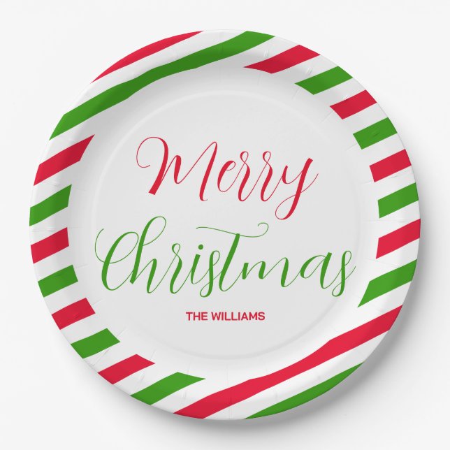 Merry Christmas Red And Green Holiday Party Name Paper Plate (Front)