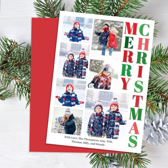 Merry Christmas Red and Green Photo Collage  Holiday Card (Merry Christmas Holiday Photo Collage Card.)