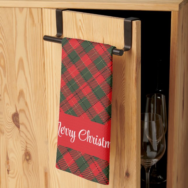  Merry Christmas Red and Green Plaid Custom Text Tea Towel (Thirds Fold)