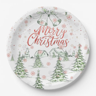 Merry Christmas Red and Green Snowy Trees Paper Plate