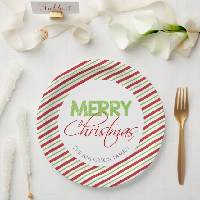Merry Christmas | Red and Green Stripes Paper Plate (Wedding)