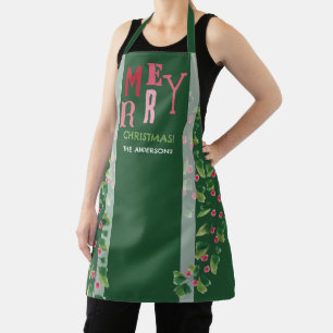 Merry Christmas Red And Green Watercolor Wreath Apron