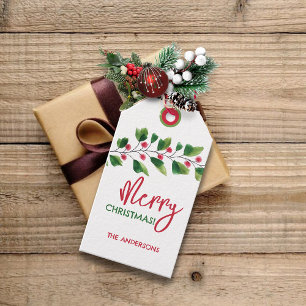 Merry Christmas Red And Green Watercolor Wreath Gift Tags