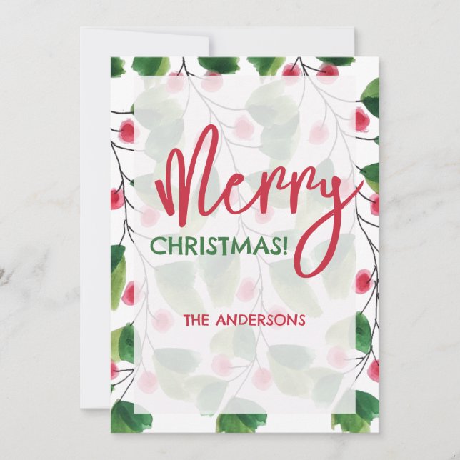 Merry Christmas Red And Green Watercolor Wreath Holiday Card (Front)
