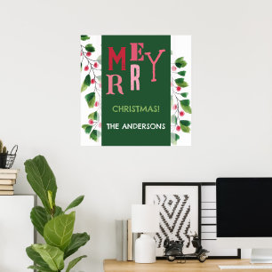 Merry Christmas Red And Green Watercolor Wreath Poster