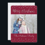 Merry Christmas Red and Silver Foil Stars Photo Holiday Card<br><div class="desc">Merry Christmas Red,  Burgundy,  Marsala and Silver Foil Stars Photo Card. The picture and family name can be replaced on the blue and silver Merry Christmas Card.</div>