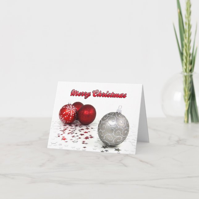 Merry Christmas Red and Silver Ornaments Card (Front)