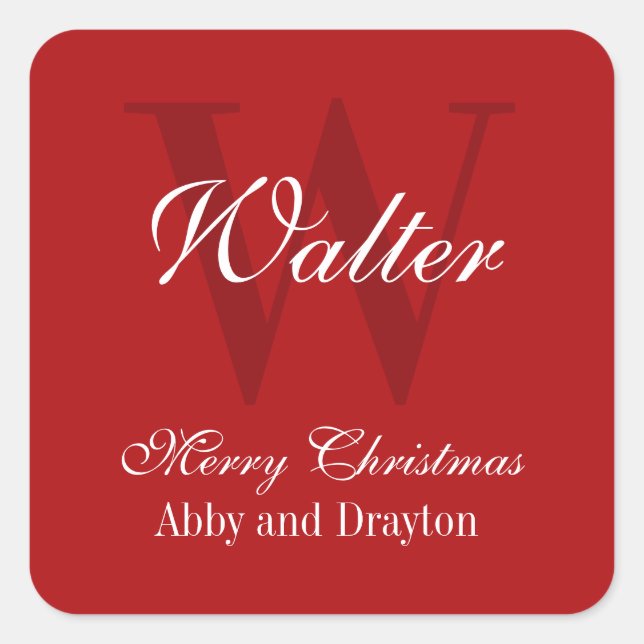 Merry Christmas Red And White Custom Monogram Square Sticker (Front)
