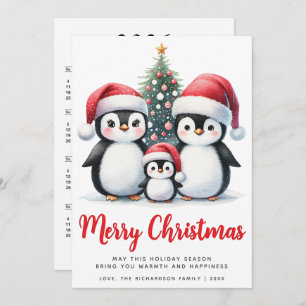 Merry Christmas Red and White Cute Penguin Family Holiday Card