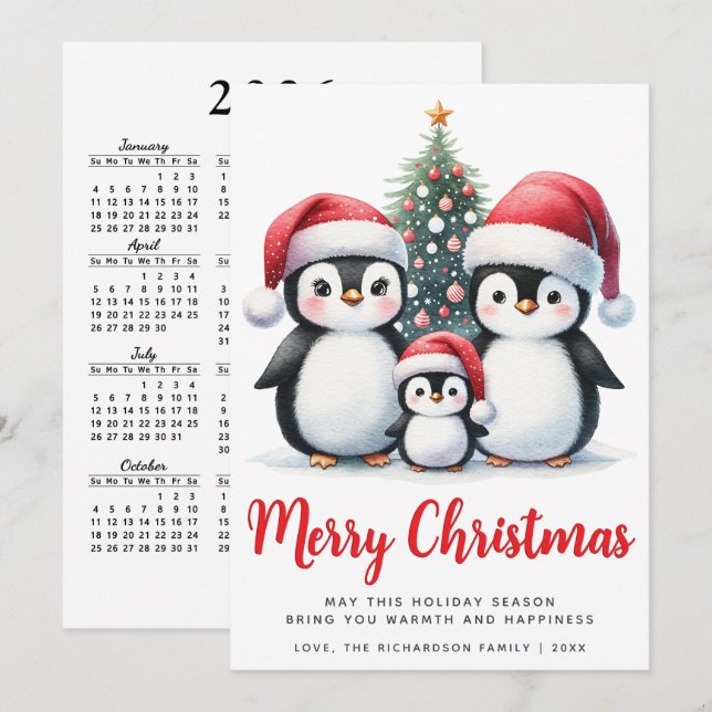 Merry Christmas Red and White Cute Penguin Family Holiday Card (Front/Back)