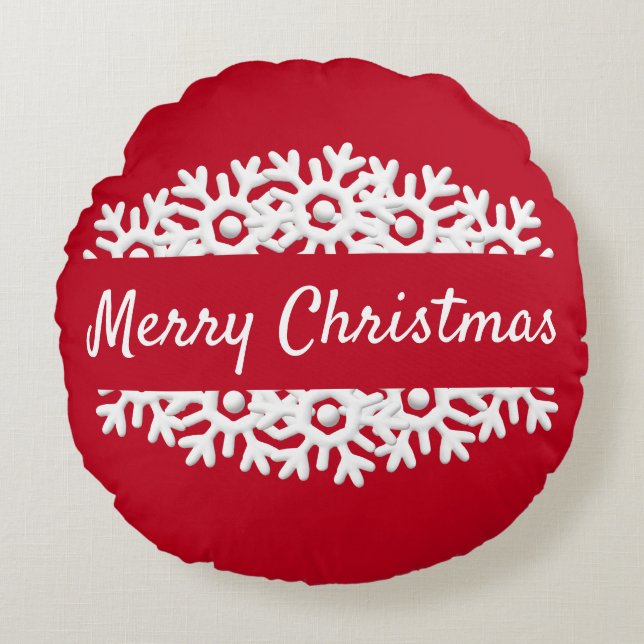 Merry Christmas red and white snowflake Round Cushion (Front)