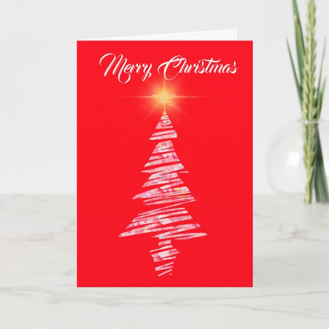 Merry Christmas, red background with modern tree Holiday Card (Front)