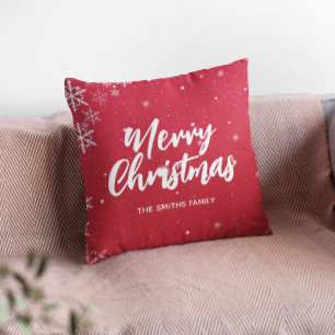 Merry Christmas Red Background With Snowflakes Cushion