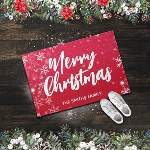 Merry Christmas Red Background With Snowflakes Doormat