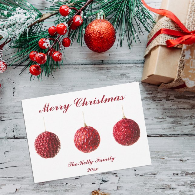 Merry Christmas Red Baubles flat card with text (Creator Uploaded)