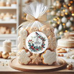 Merry Christmas-Red Berries & Bullfinch Classic Round Sticker<br><div class="desc">Red Christmas berries wreath with winter foliage featuring red Christmas Bulfinch.</div>