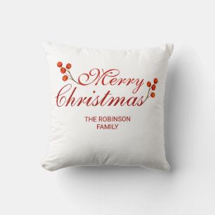 Merry Christmas Red Berries Holiday Cushion