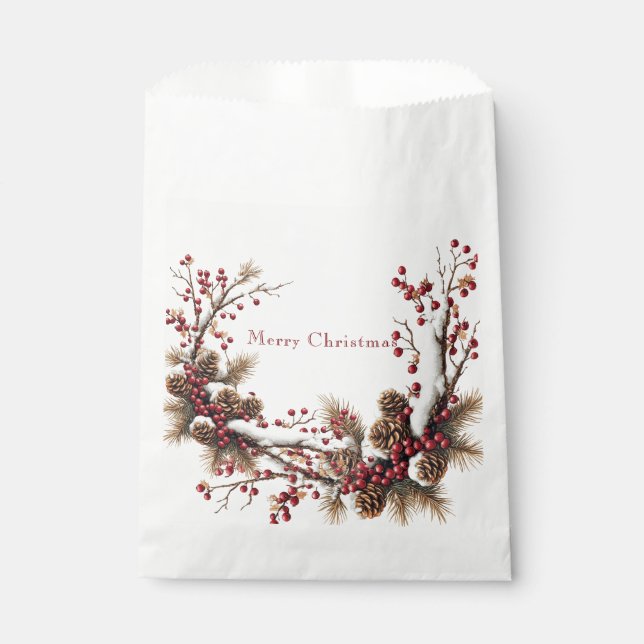 Merry Christmas Red Berries Pine Cones Snow Favour Bags (Front)
