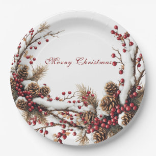 Merry Christmas Red Berries Pine Cones Snow Paper Plate
