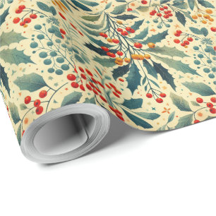 Merry Christmas Red berries Vintage Mistletoe Wrapping Paper