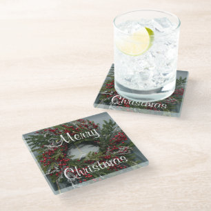Merry Christmas Red Berries Wreath Glass Coaster