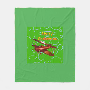 Merry Christmas Red Bi-plane on Green Circles Fleece Blanket