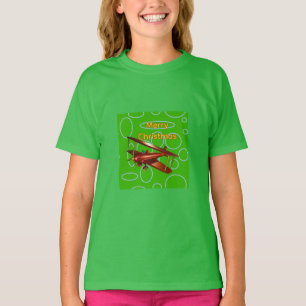 Merry Christmas Red Bi-plane on Green Circles T-Shirt