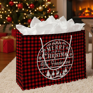 Merry Christmas Red & Black Buffalo Plaid Custom Large Gift Bag