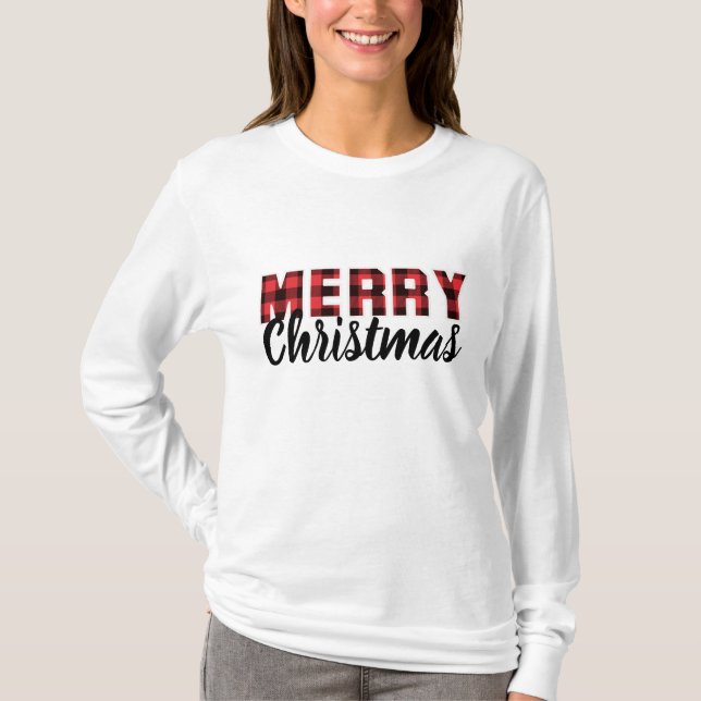 Merry Christmas, Red & Black Buffalo Plaid T-Shirt (Front)