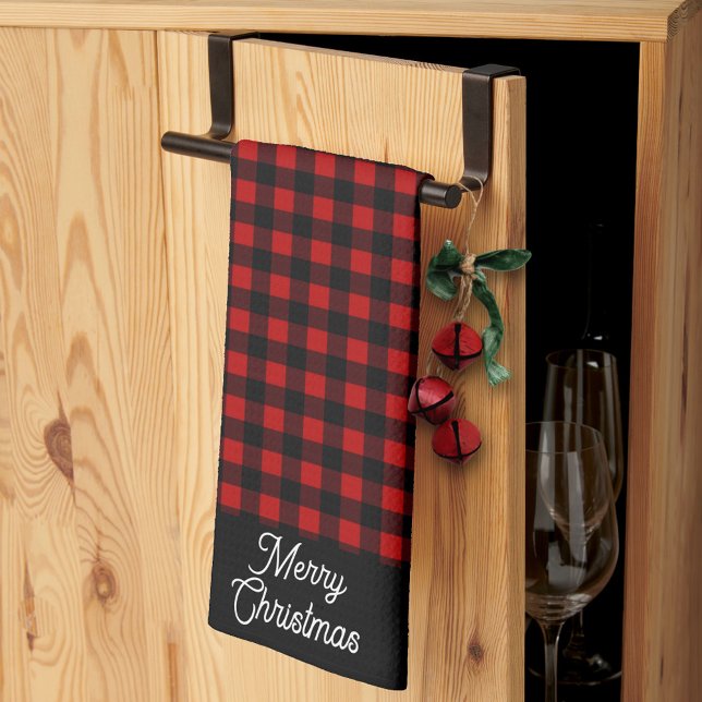 Merry Christmas Red & Black Buffalo Plaid Tea Towel (Creator Uploaded)