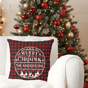 Merry Christmas Red & Black Plaid Custom Name Cushion