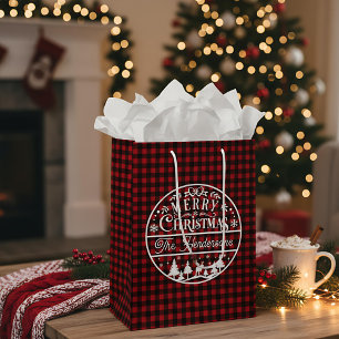 Merry Christmas Red & Black Plaid Custom Name Medium Gift Bag