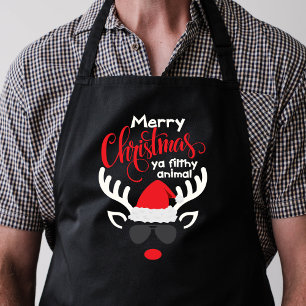 Merry Christmas Red Black & White Reindeer Holiday Apron