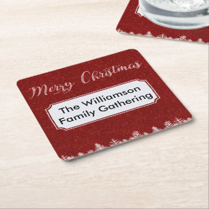 Merry Christmas Red Bling Labels Square Paper Coaster